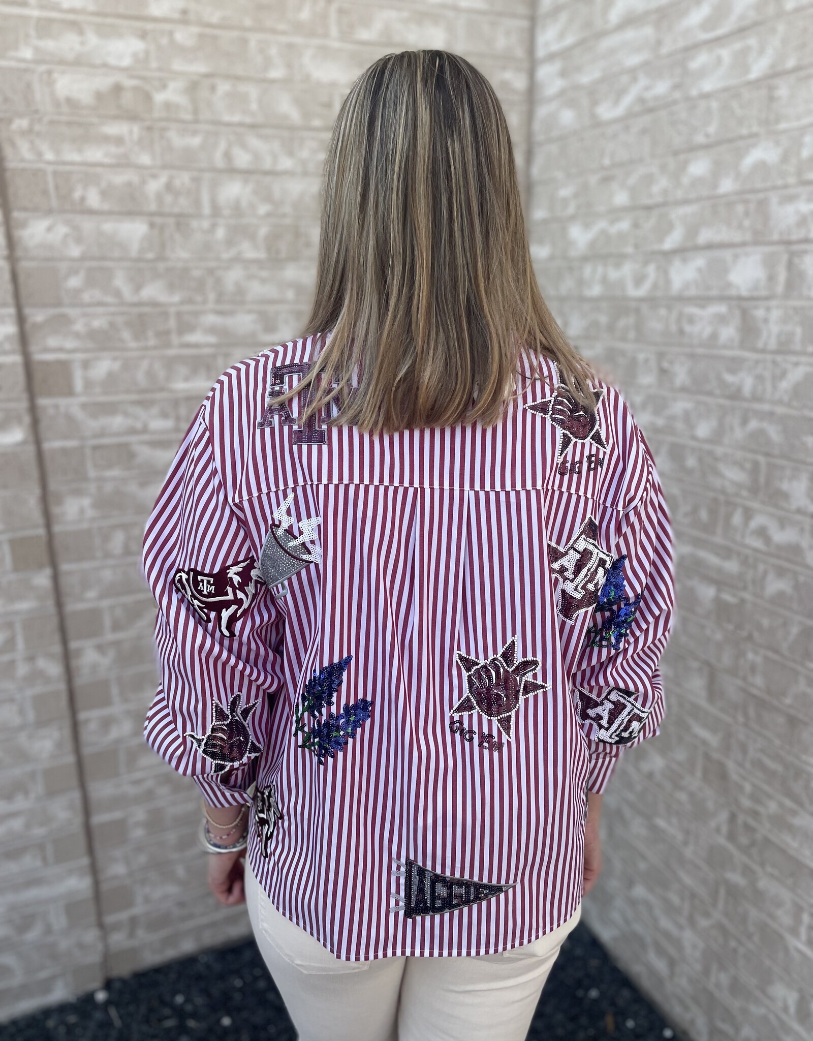Queen of Sparkles LICENSED TEXAS A&M MINI ICON STRIPED BUTTON DOWN