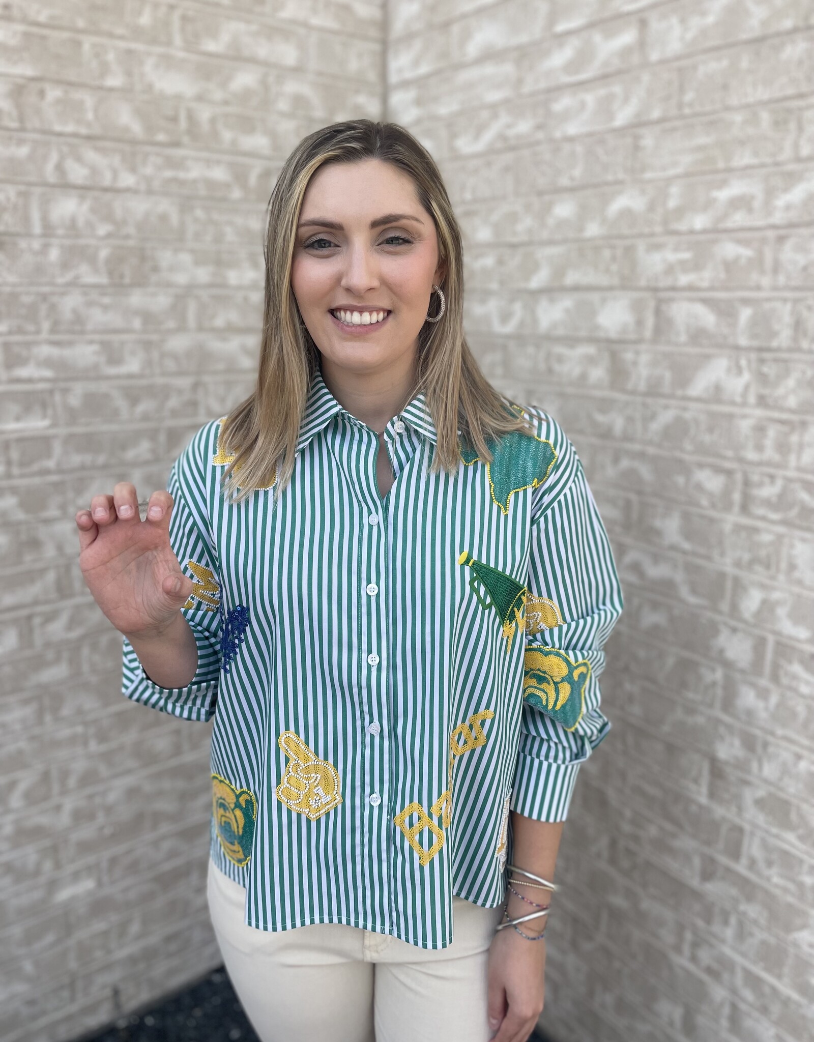 Queen of Sparkles LICENSED BAYLOR MINI ICON STRIPED BUTTON DOWN
