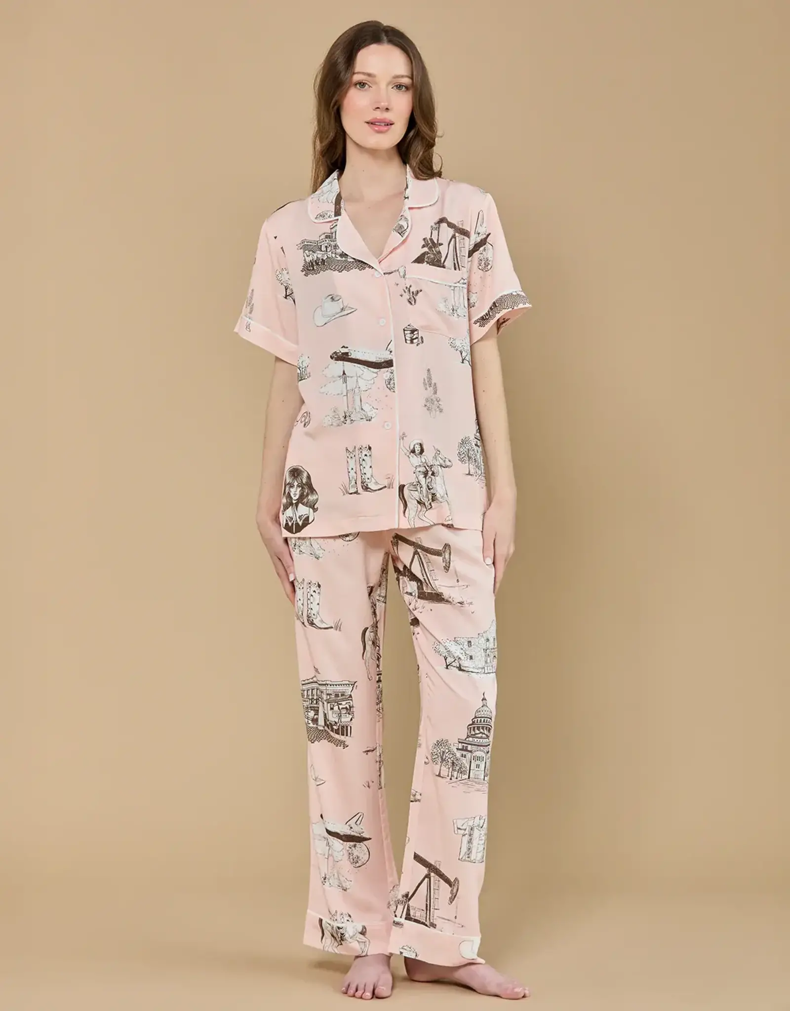 Katie Kime Katie Kime Texas Toile Pajama Pants Set Pink/Brown