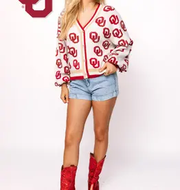 Queen of Sparkles LICENSED OKLAHOMA KNIT IN MASCOT RHINESTONE CARDIGAN