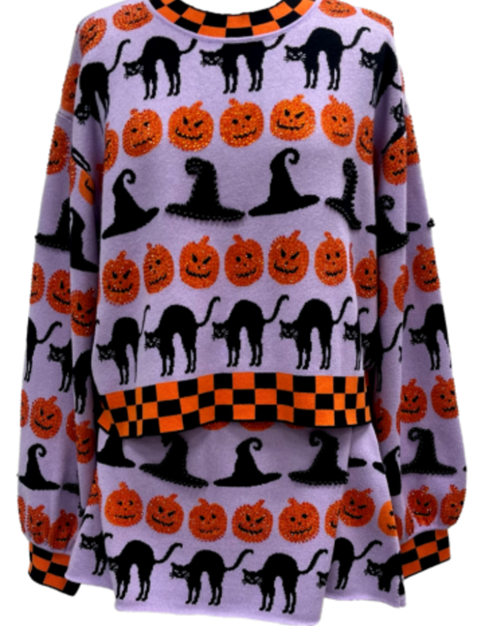 Queen of Sparkles Queen of Sparkles Lavender,Blk  & Org Checker Trim Halloween Icon Sweater