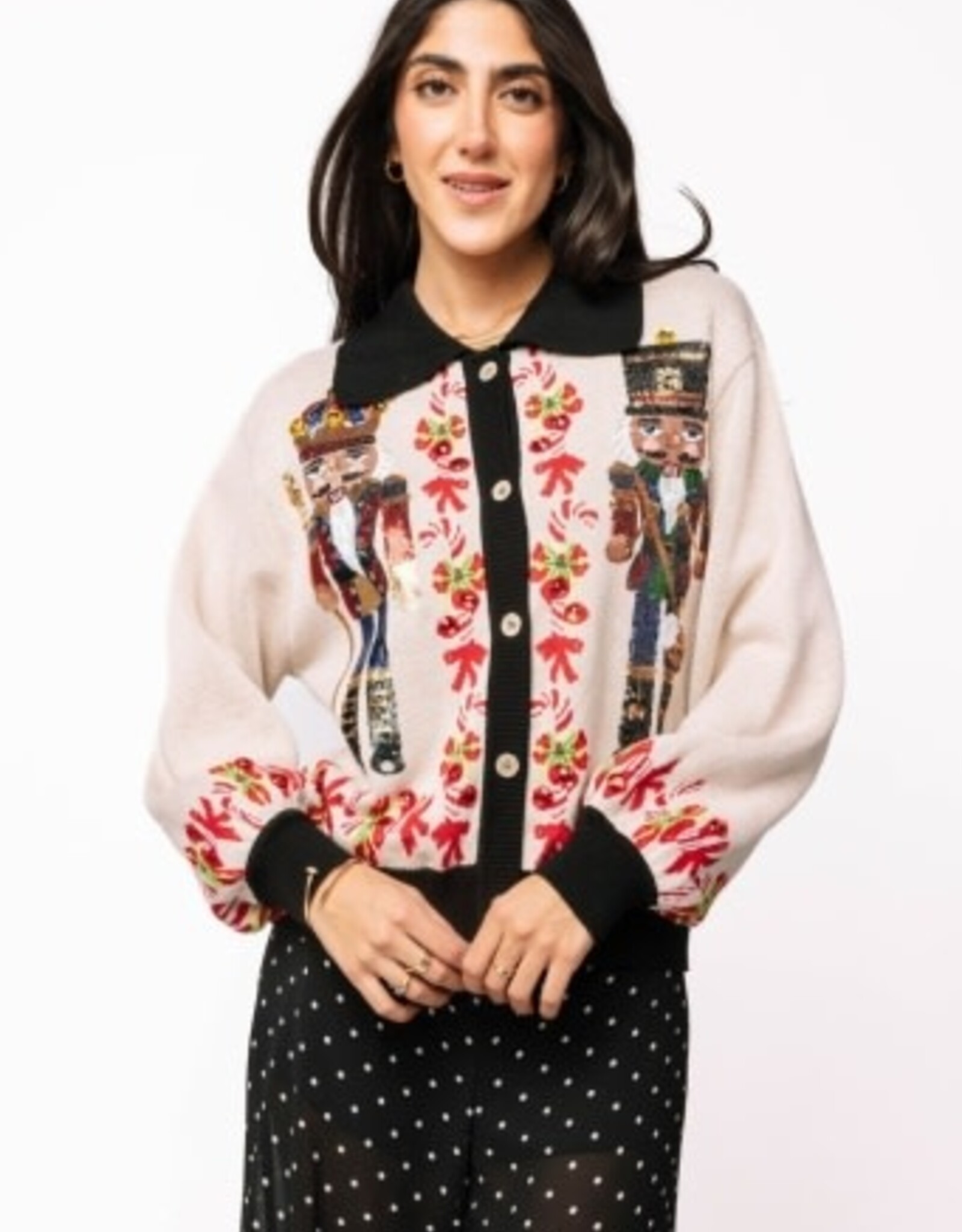 Queen of Sparkles Queen of Sparkles Black Trim Collar Nutcracker & Candy Cane Cardigan