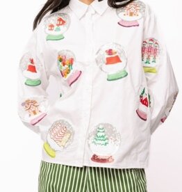 Queen of Sparkles QOS White Cotton Snow Globe Button Up Top