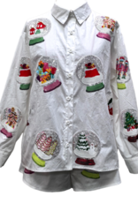 Queen of Sparkles QOS White Cotton Snow Globe Button Up Top