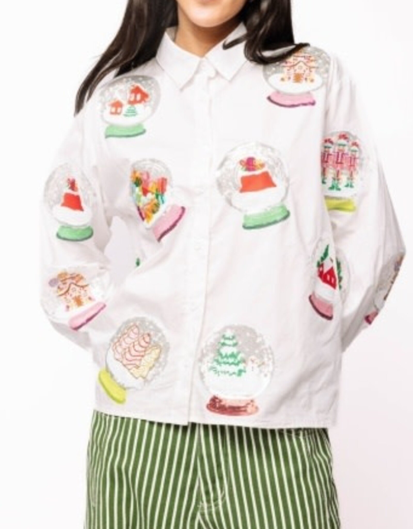 Queen of Sparkles QOS White Cotton Snow Globe Button Up Top