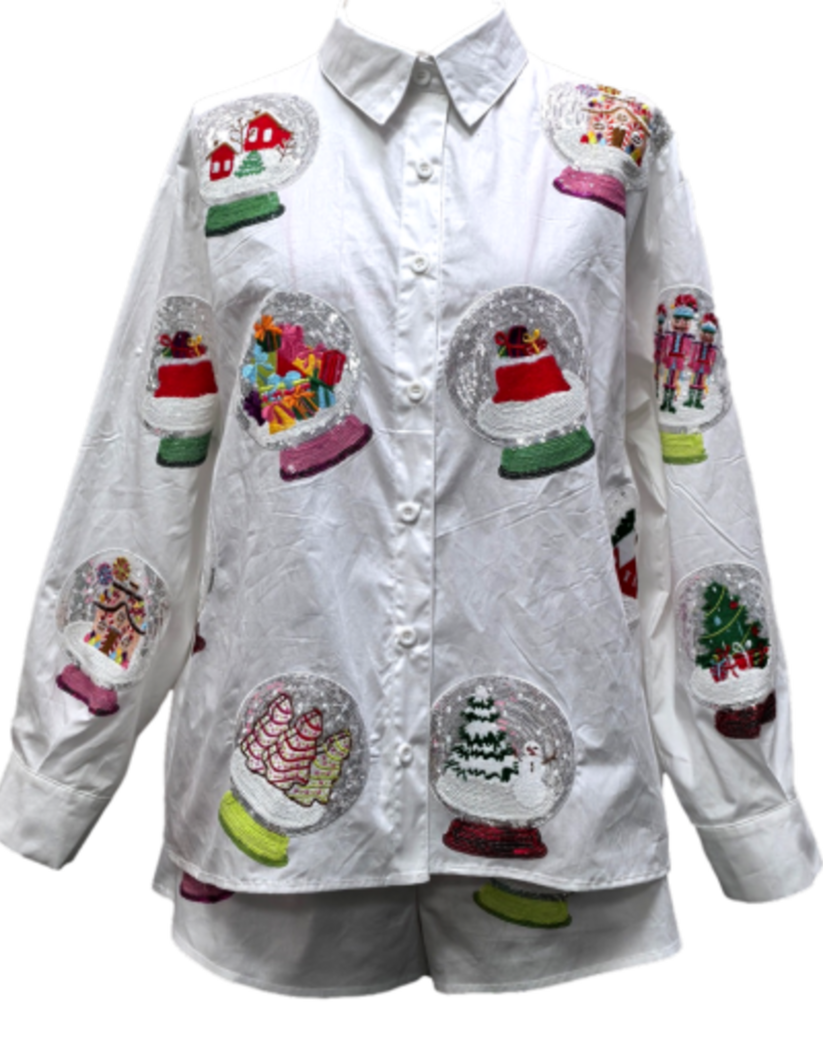 Queen of Sparkles QOS White Cotton Snow Globe Button Up Top