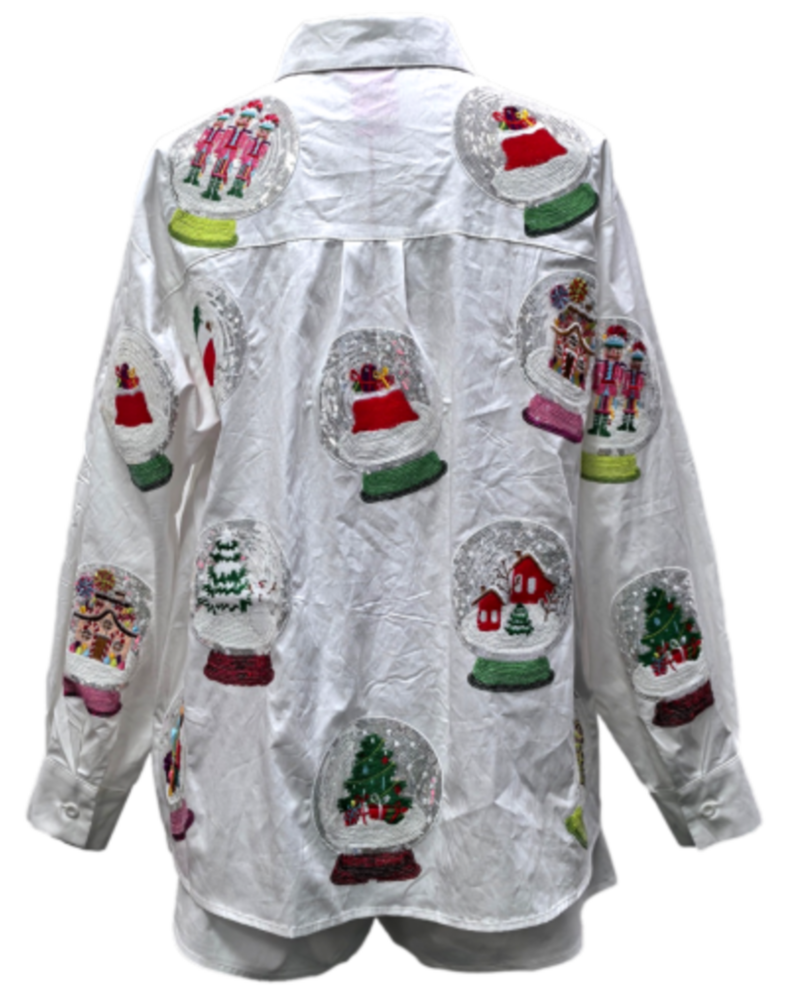 Queen of Sparkles QOS White Cotton Snow Globe Button Up Top