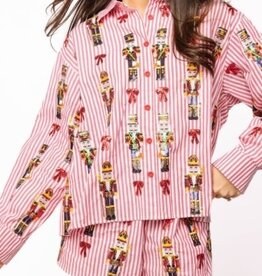 Queen of Sparkles Queen of Sparkles Red Stripe  Nutcracker & Bow Cotton Button Up Top