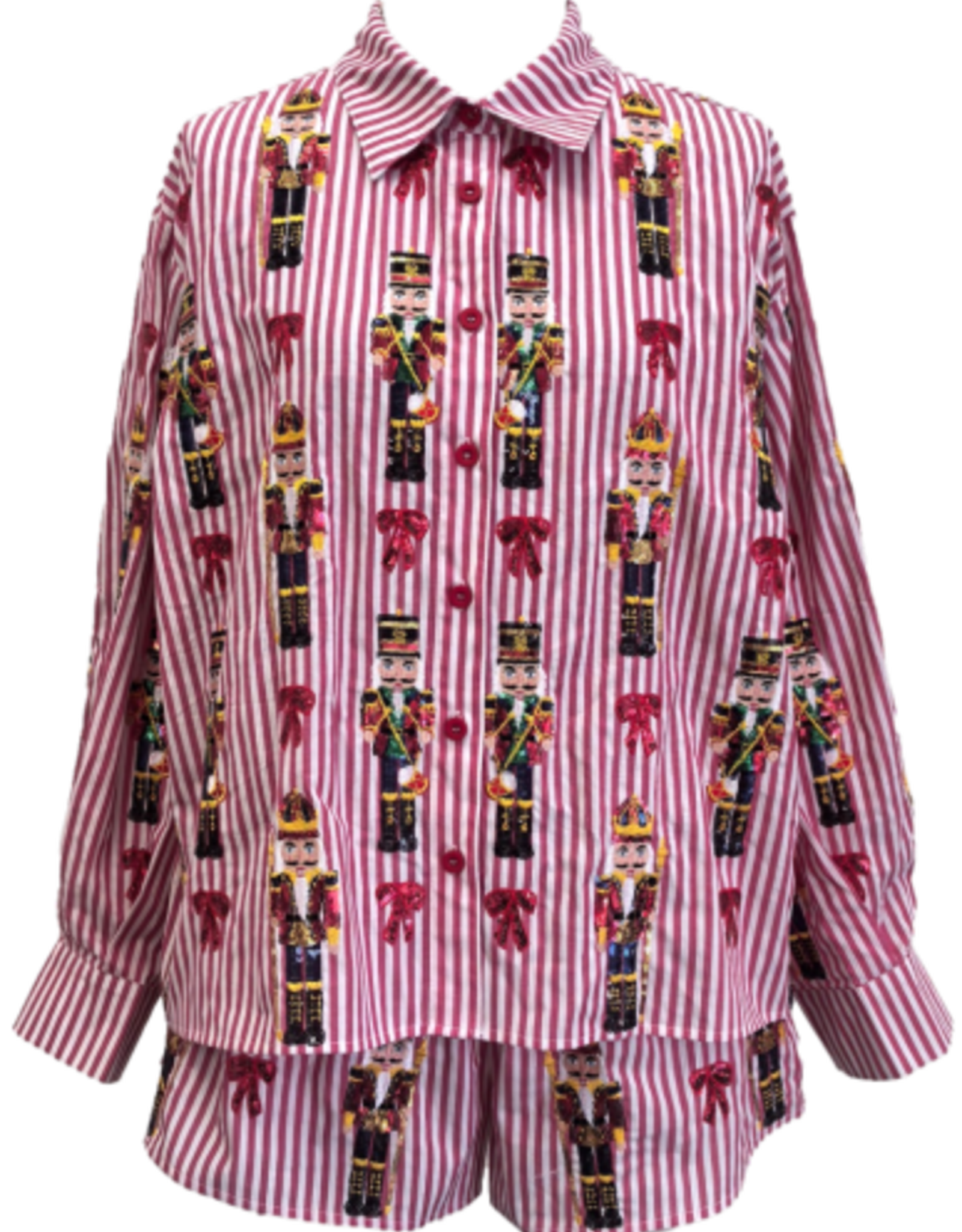 Queen of Sparkles Queen of Sparkles Red Stripe  Nutcracker & Bow Cotton Button Up Top