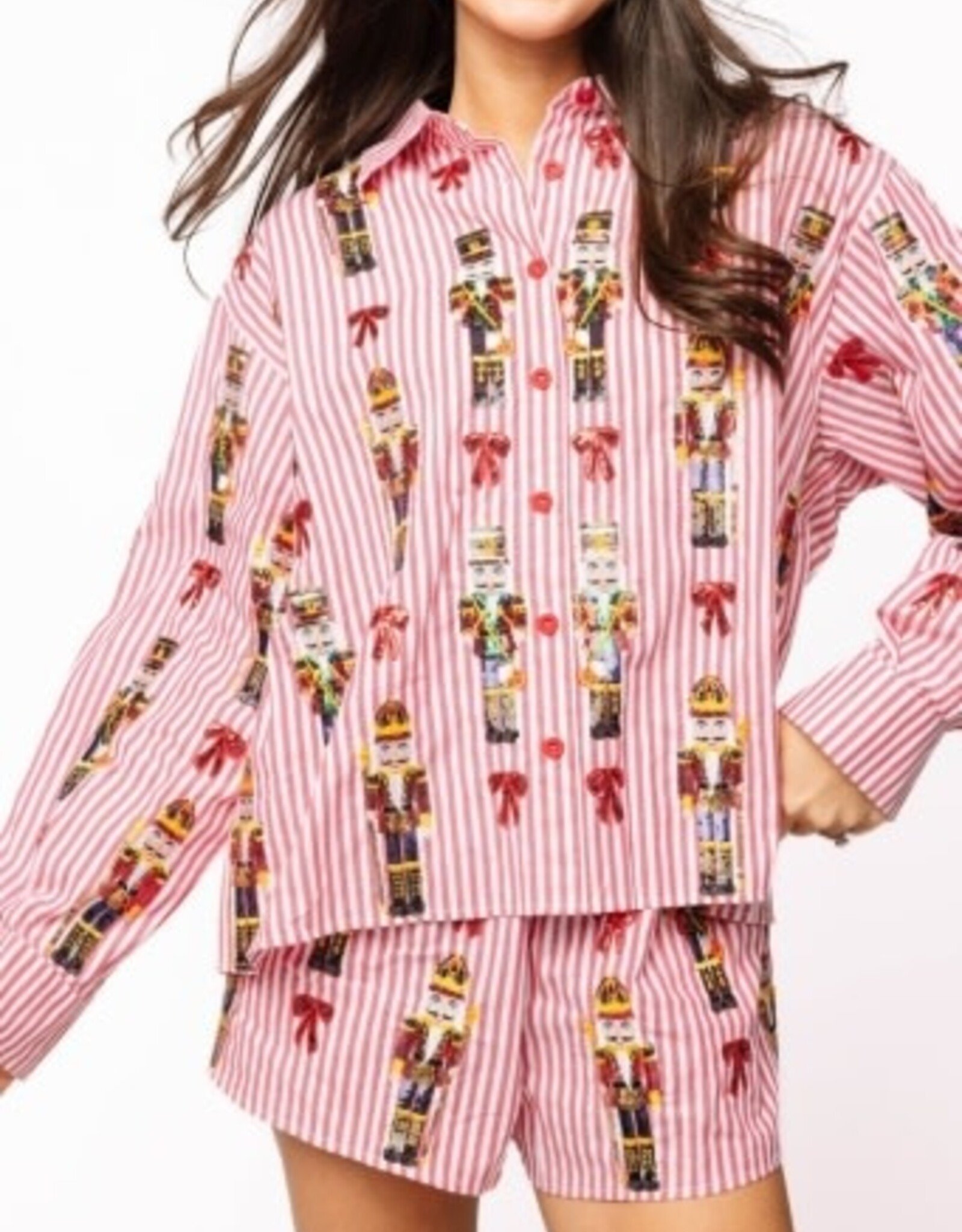 Queen of Sparkles Queen of Sparkles Red Stripe  Nutcracker & Bow Cotton Button Up Top