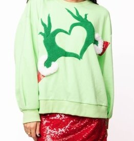 Queen of Sparkles Queen of Sparkles GREEN GRINCH HEART HANDS SWEATSHIRT