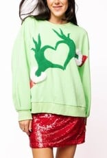 Queen of Sparkles Queen of Sparkles GREEN GRINCH HEART HANDS SWEATSHIRT