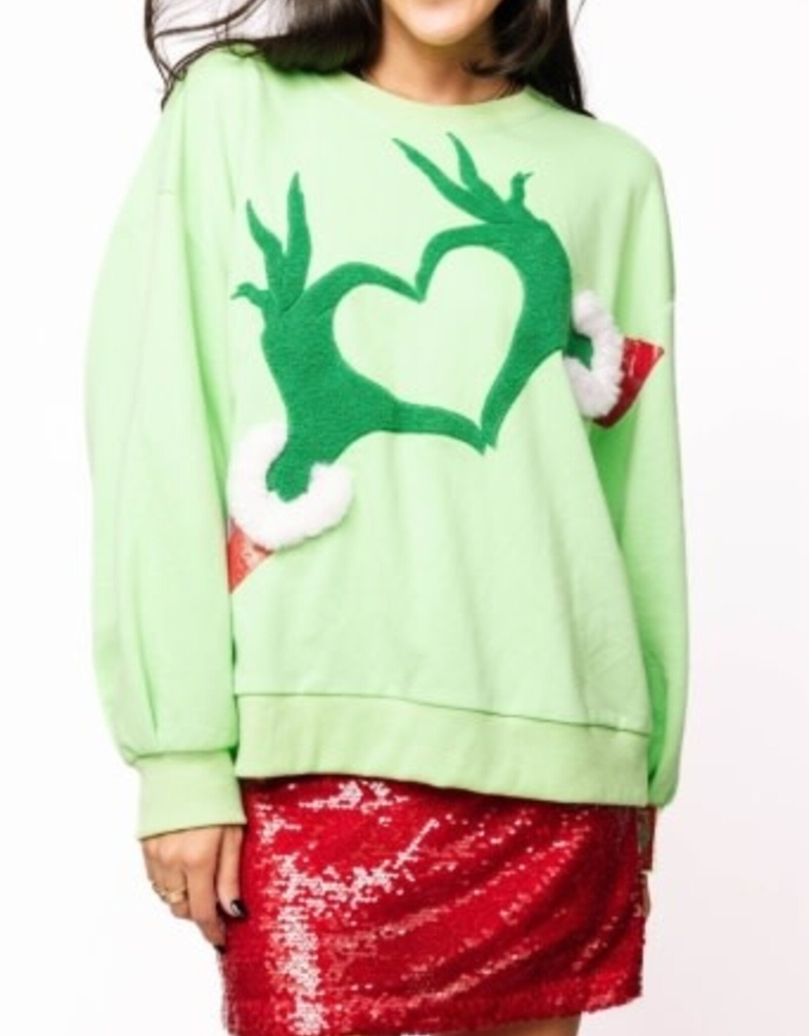 Queen of Sparkles Queen of Sparkles GREEN GRINCH HEART HANDS SWEATSHIRT