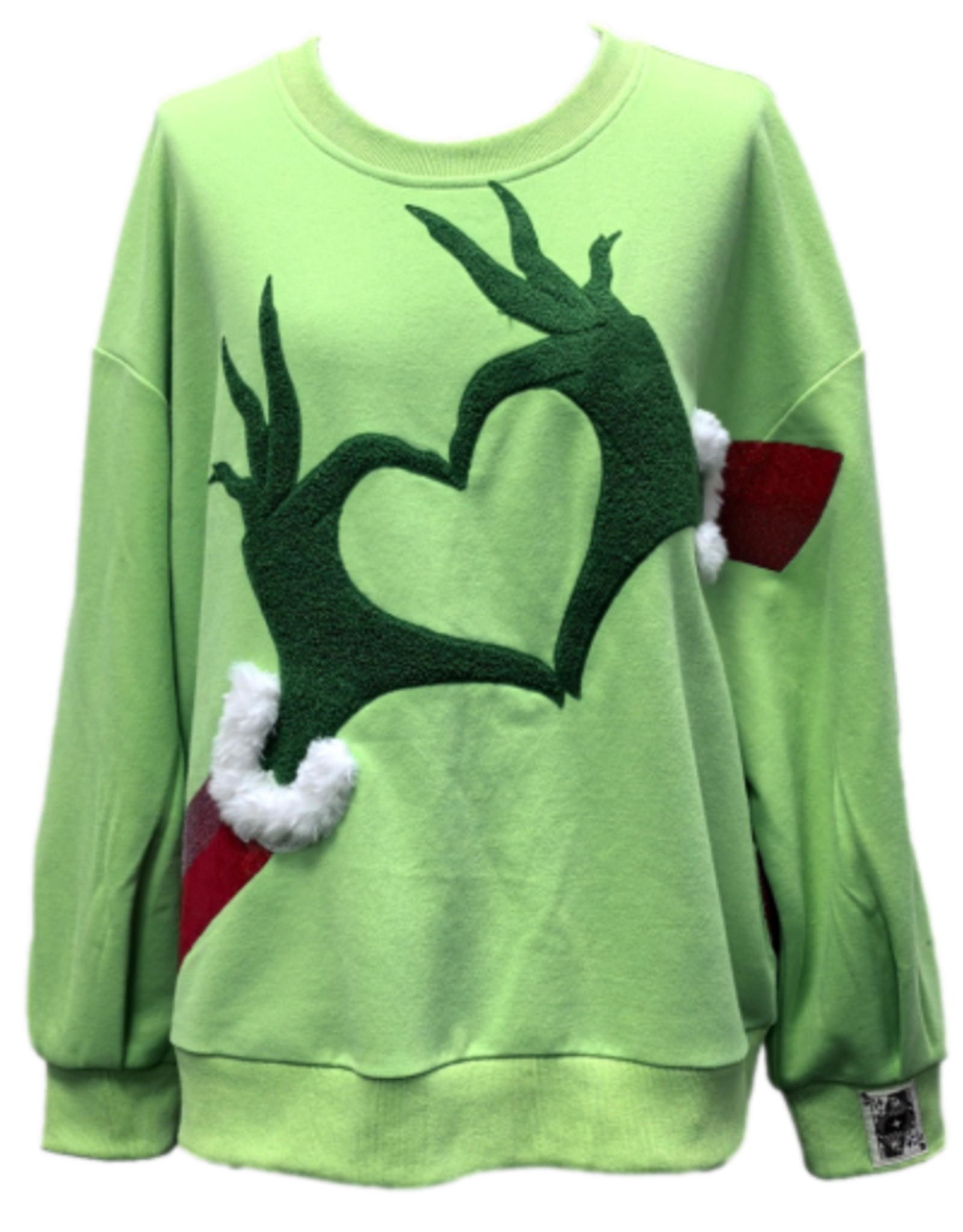 Queen of Sparkles Queen of Sparkles GREEN GRINCH HEART HANDS SWEATSHIRT