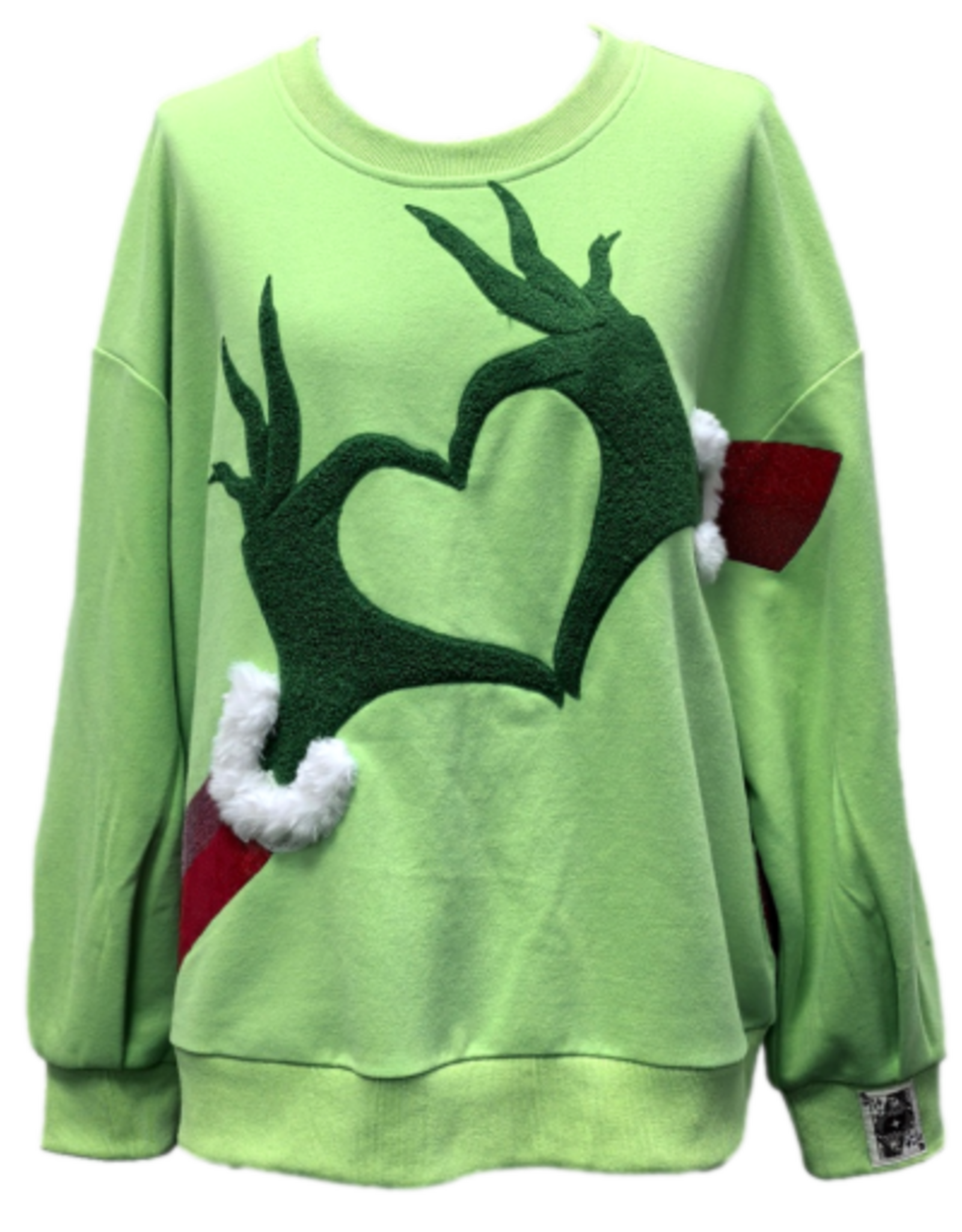 Queen of Sparkles Queen of Sparkles GREEN GRINCH HEART HANDS SWEATSHIRT