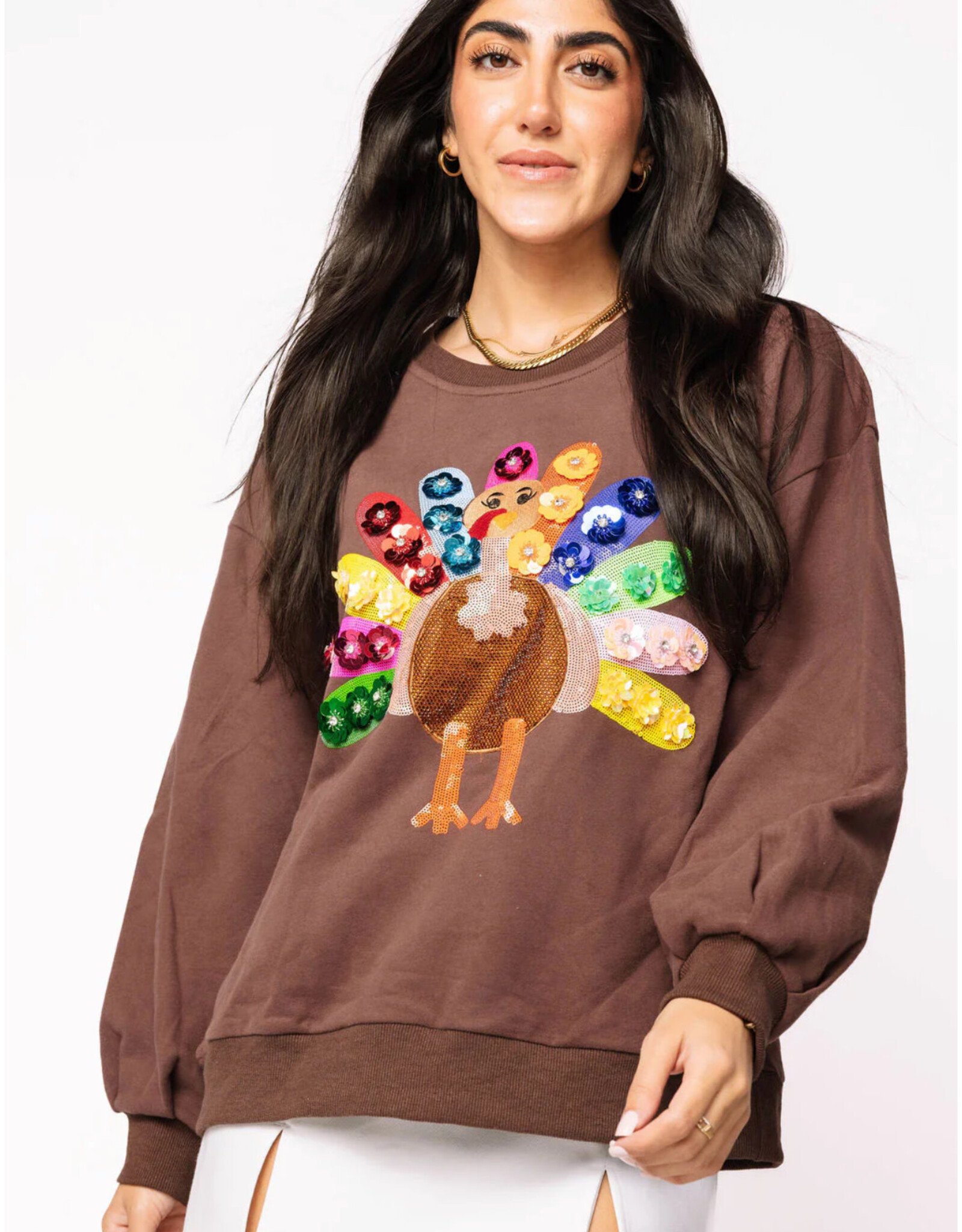Queen of Sparkles Queen of Sparkles Brown Rainbow Flower Turkey Sweater