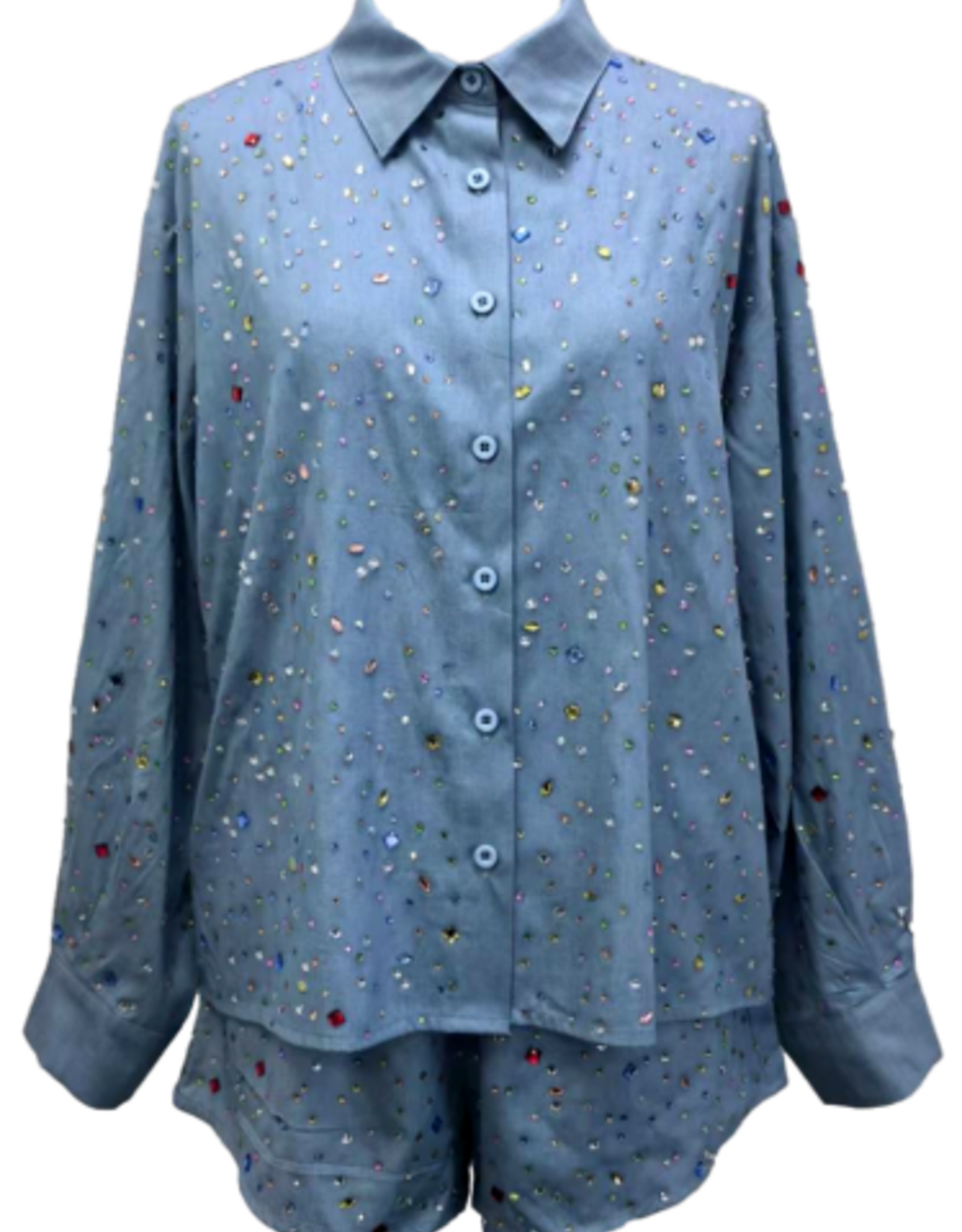 Queen of Sparkles Queen of Sparkles Chambray Rhinestone Button Up