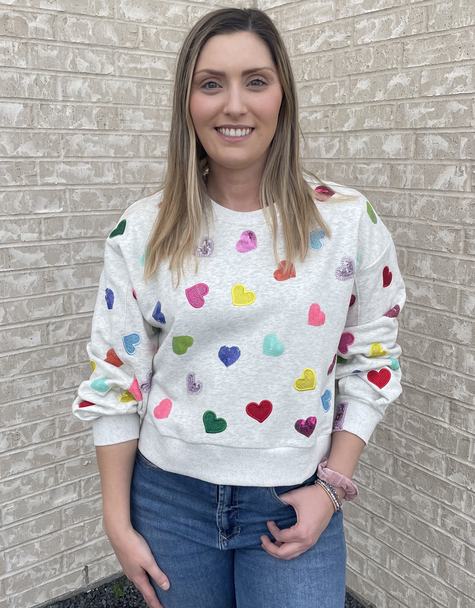 Queen of Sparkles Queen of Sparkles Light Grey Multi Rhinestone Heart Sweatshirt