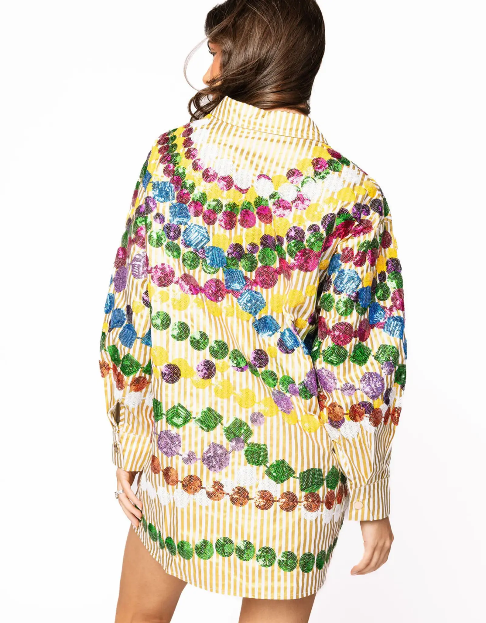 Queen of Sparkles Queen of Sparkles Gold Stripe Mega Bead Button Up Dress