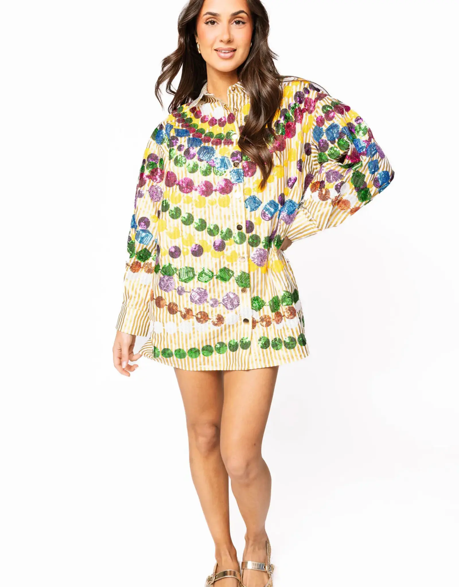Queen of Sparkles Queen of Sparkles Gold Stripe Mega Bead Button Up Dress