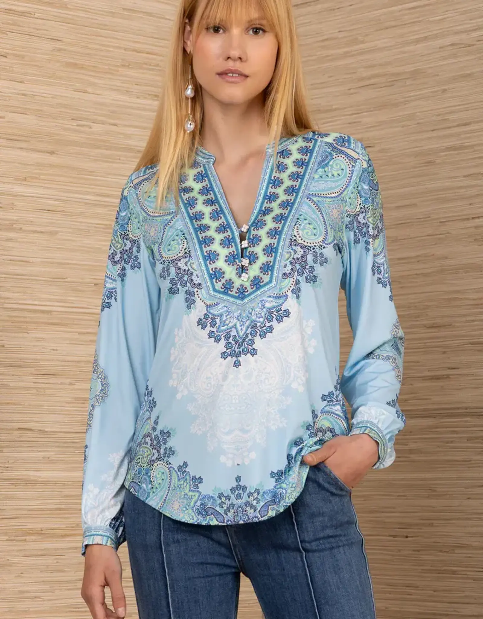 Hale Bob Hale Bob Azaria Blue Vneck Paisley Long Sleeve Top