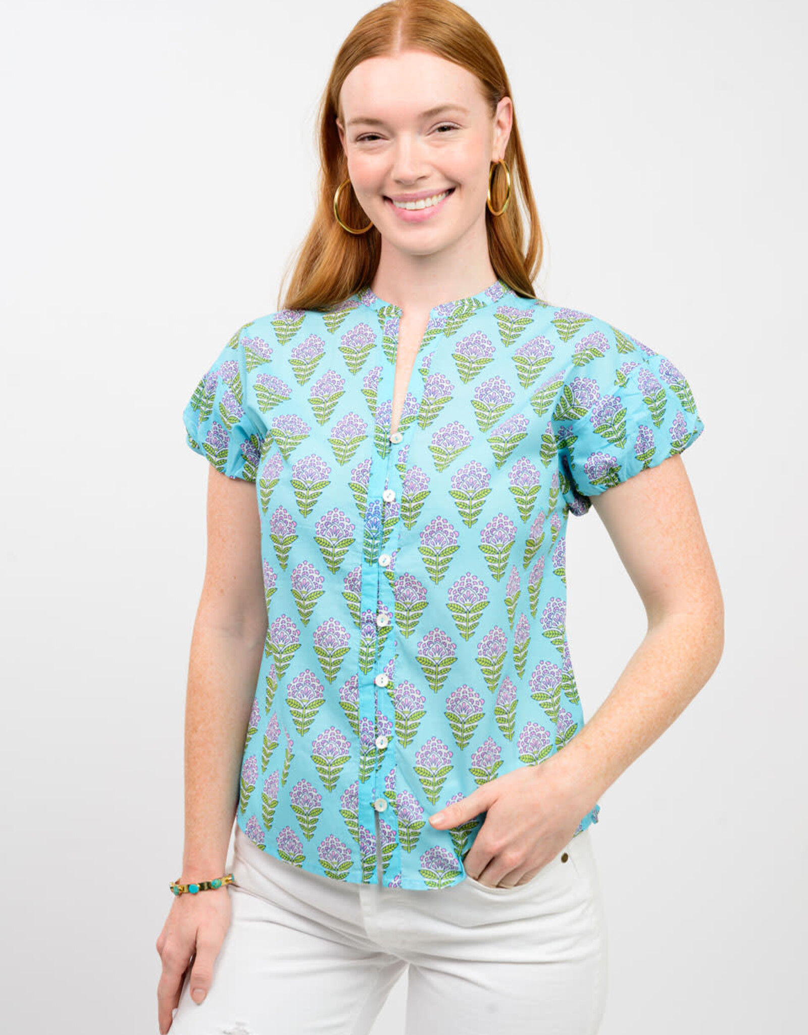 Ivy Jane Ivy Jane Teal w Purple Flowers Cap Slv Top
