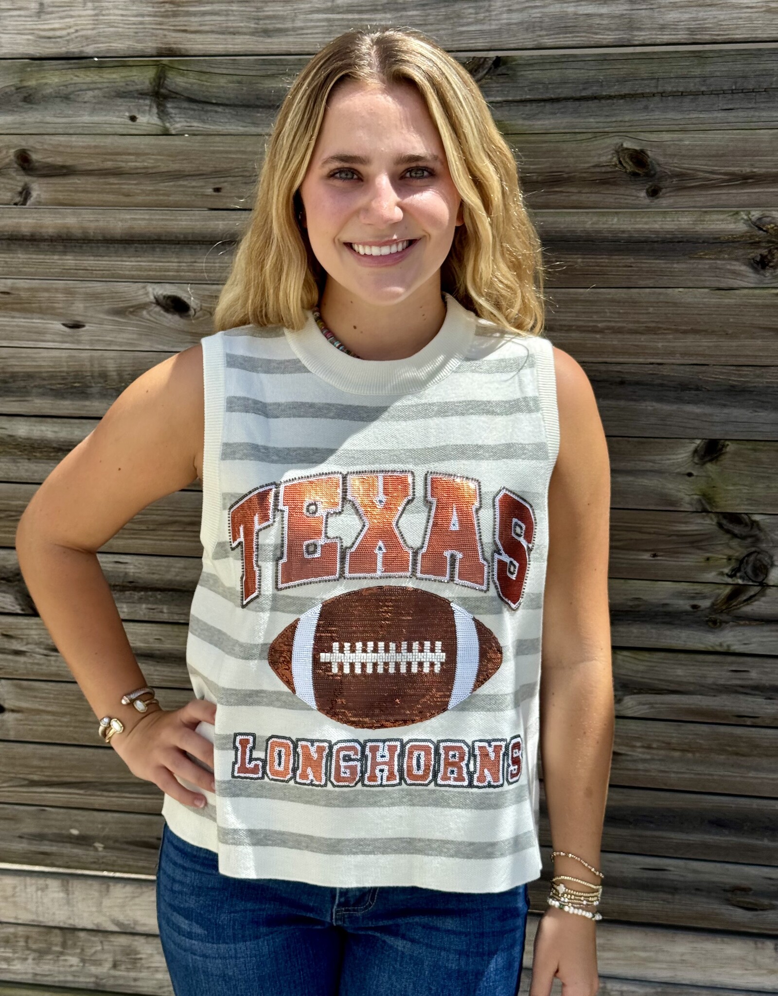 Queen of Sparkles QOS TEXAS GREY & WHITE STRIPED SEQUIN FOOTBALL KNIT TANK