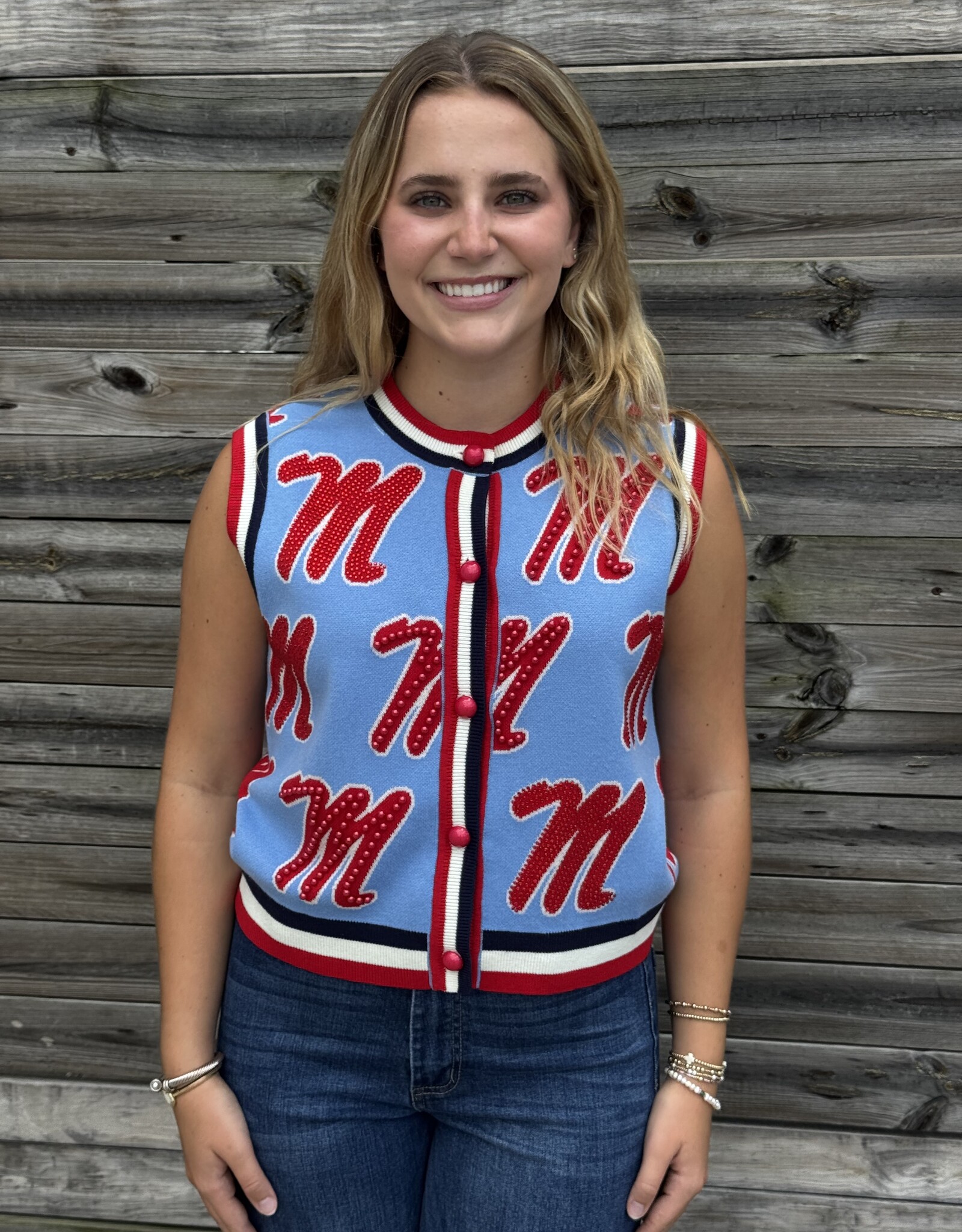 Queen of Sparkles LICENSED OLE MISS KNIT IN RHINESTONE BUTTON UP KNIT TANK