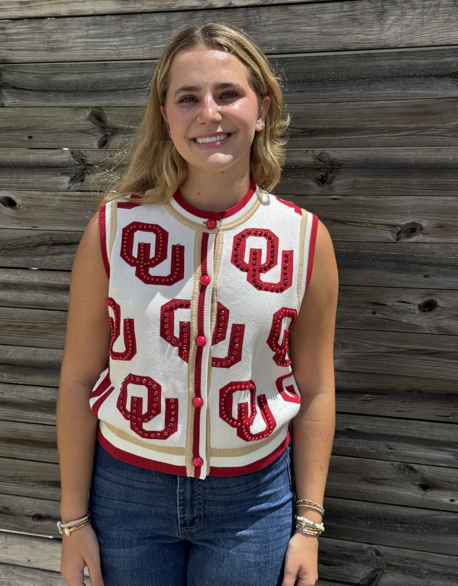 Queen of Sparkles LICENSED OKLAHOMA KNIT IN RHINESTONE BUTTON UP KNIT TANK