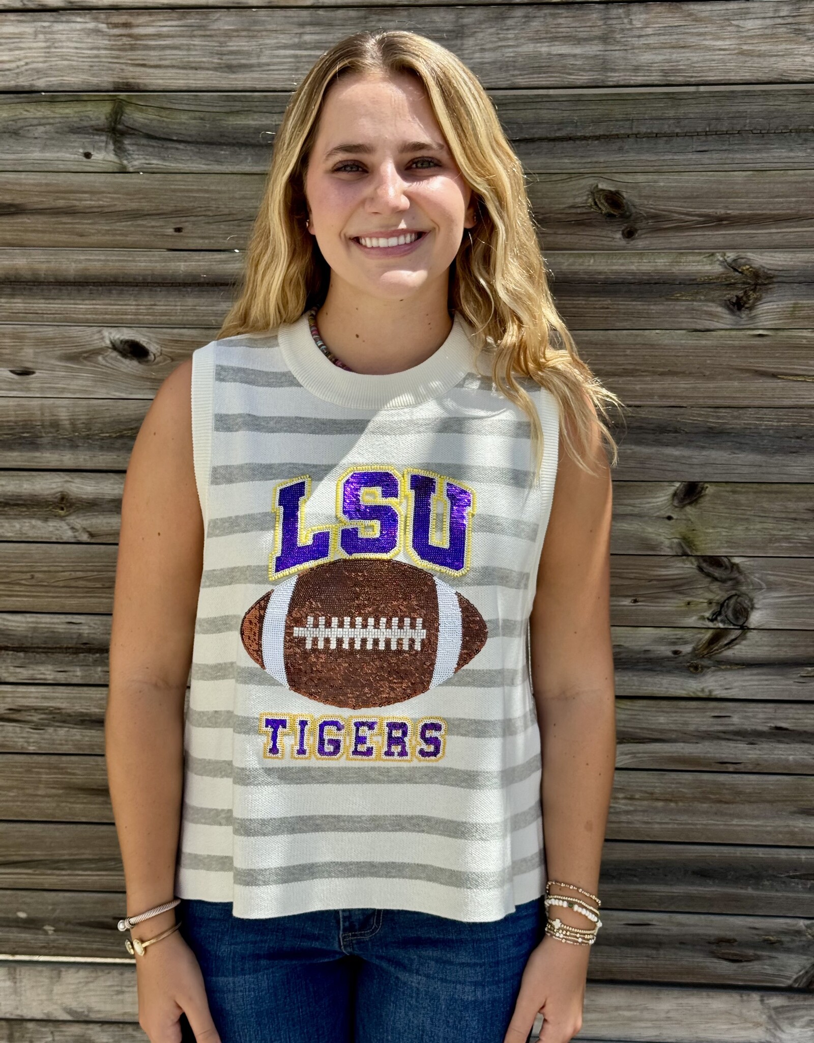 Queen of Sparkles QOS LSU GREY & WHITE STRIPED SEQUIN FOOTBALL KNIT TANK