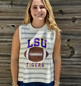 Queen of Sparkles QOS LSU GREY & WHITE STRIPED SEQUIN FOOTBALL KNIT TANK