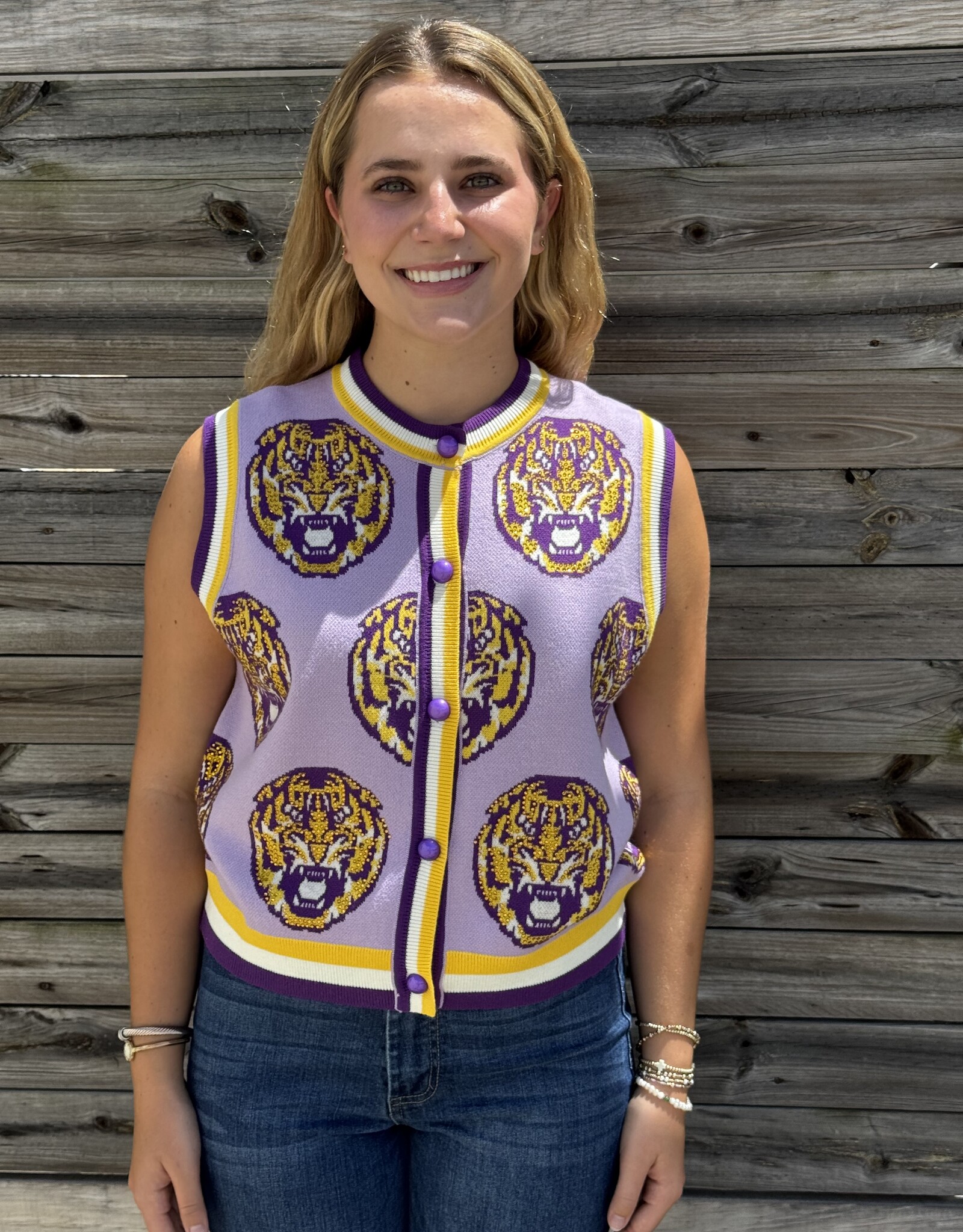 Queen of Sparkles LICENSED LSU KNIT IN RHINESTONE BUTTON UP KNIT TANK