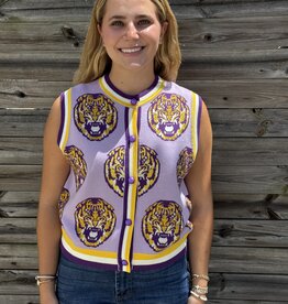 Queen of Sparkles LICENSED LSU KNIT IN RHINESTONE BUTTON UP KNIT TANK