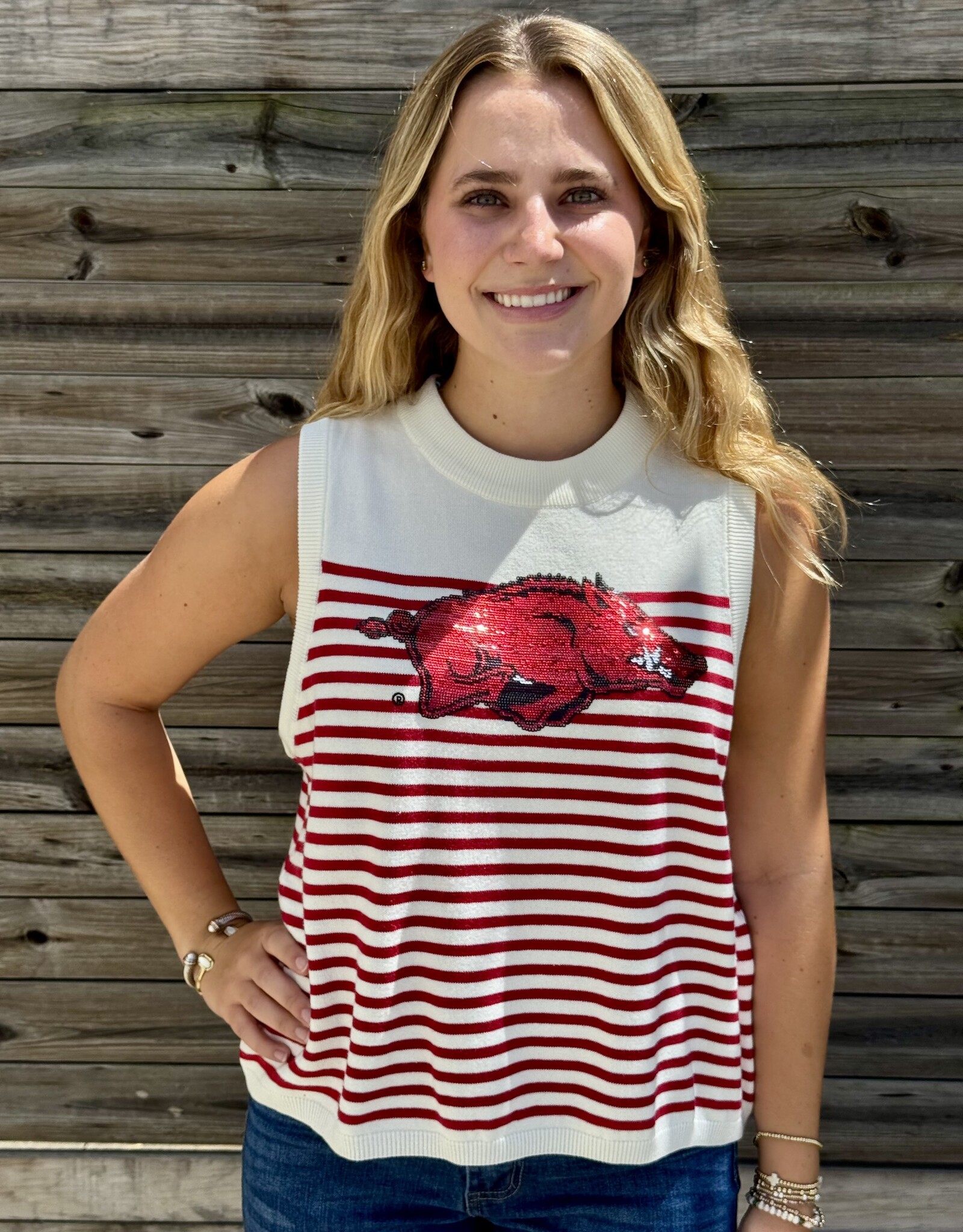 Queen of Sparkles LICENSED ARKANSAS MASCOT STRIPED KNIT TANK
