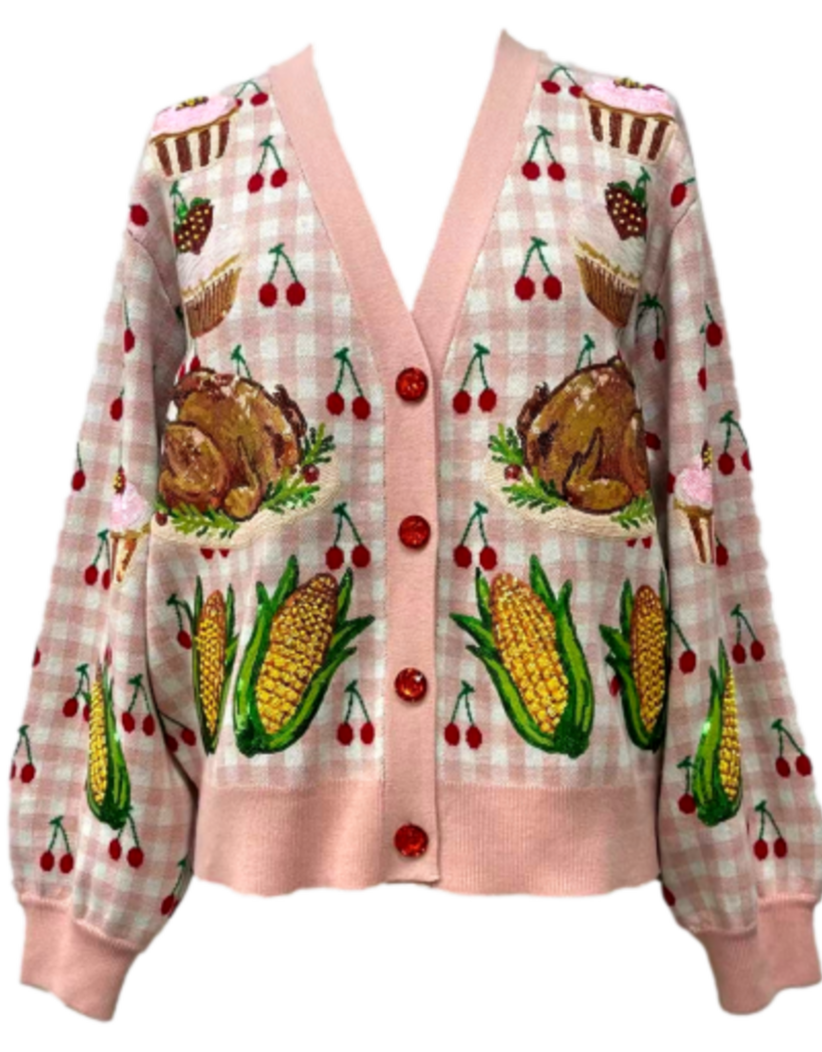 Queen of Sparkles QOS Light Pink Checkered Thanksgiving Dinner & Cherry Cardigan