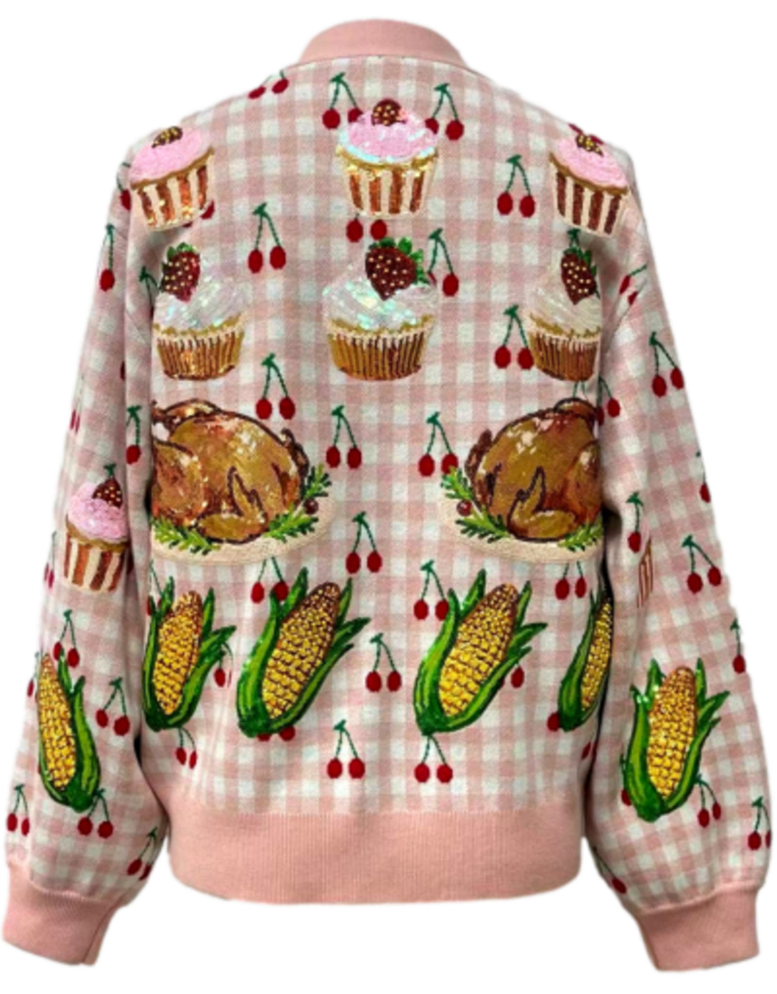 Queen of Sparkles QOS Light Pink Checkered Thanksgiving Dinner & Cherry Cardigan