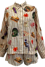 Queen of Sparkles BEIGE STRIPED THANKSGIVING ICON BUTTON UP COTTON TOP
