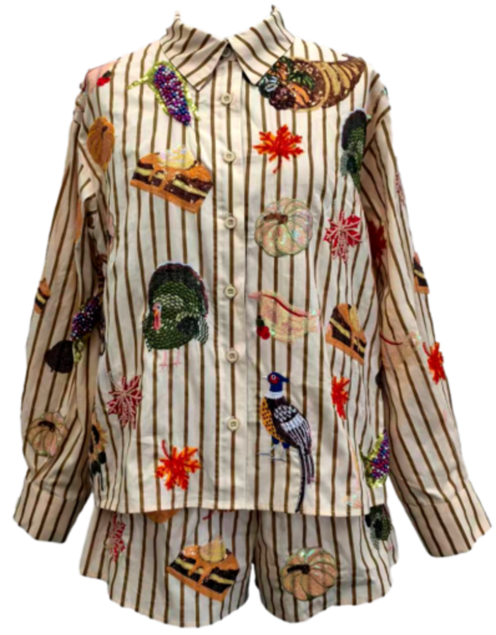 Queen of Sparkles BEIGE STRIPED THANKSGIVING ICON BUTTON UP COTTON TOP