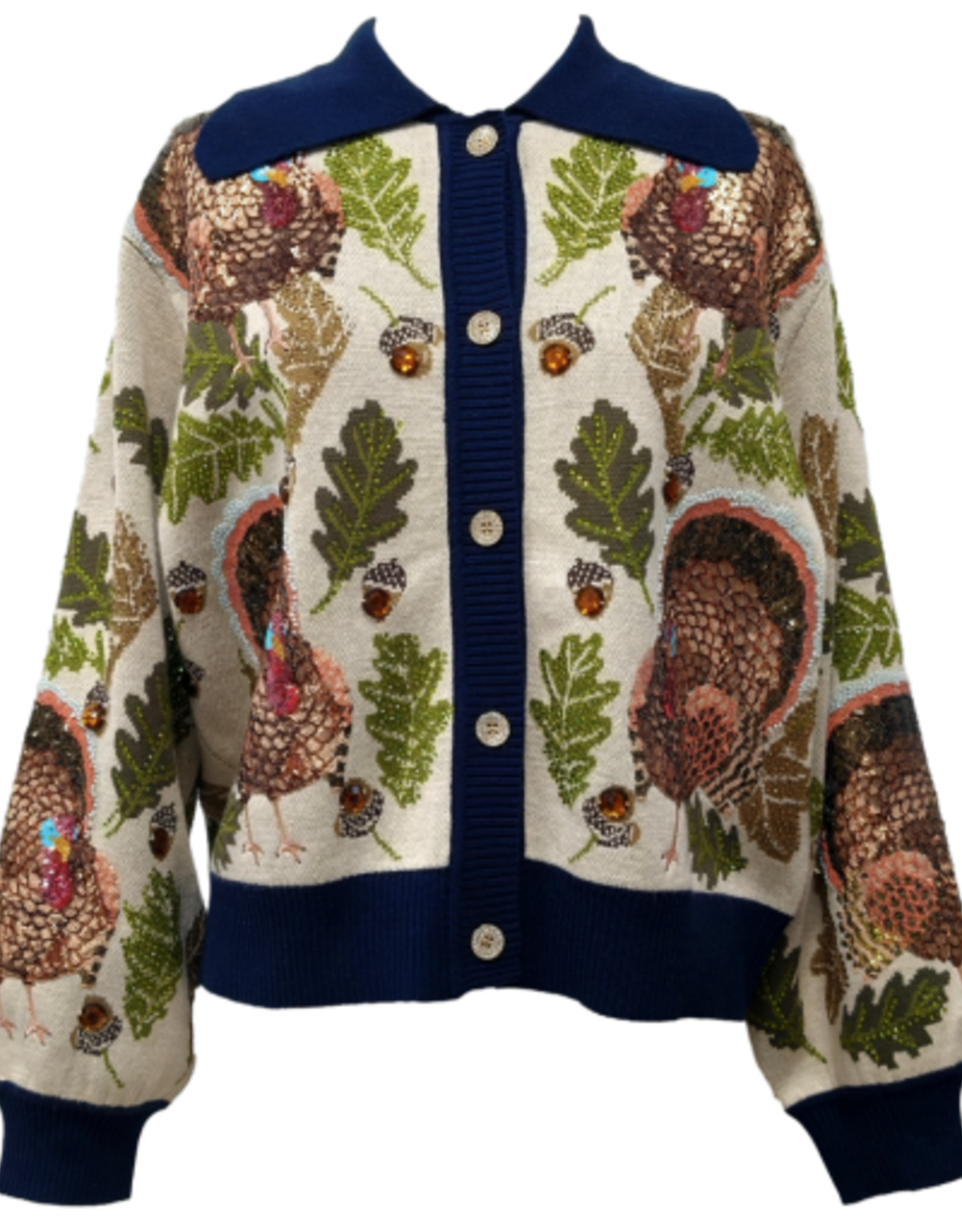Queen of Sparkles NAVY TRIM BUTTON UP TURKEY, LEAF & ACORN BUTTON UP CARDIGAN