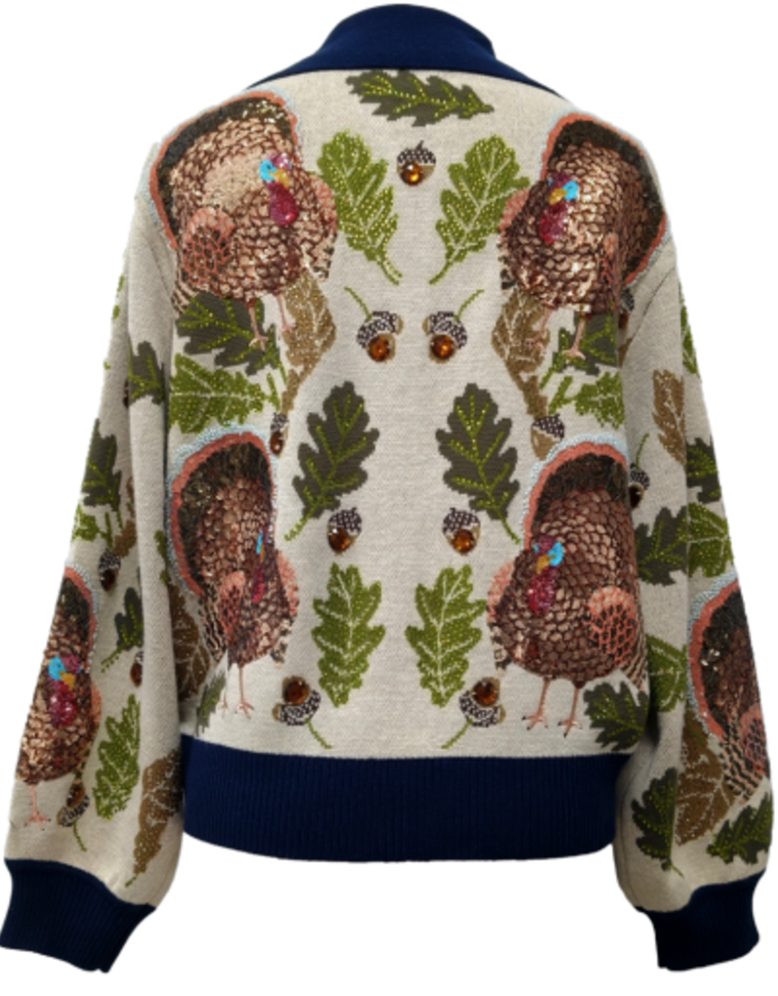 Queen of Sparkles NAVY TRIM BUTTON UP TURKEY, LEAF & ACORN BUTTON UP CARDIGAN