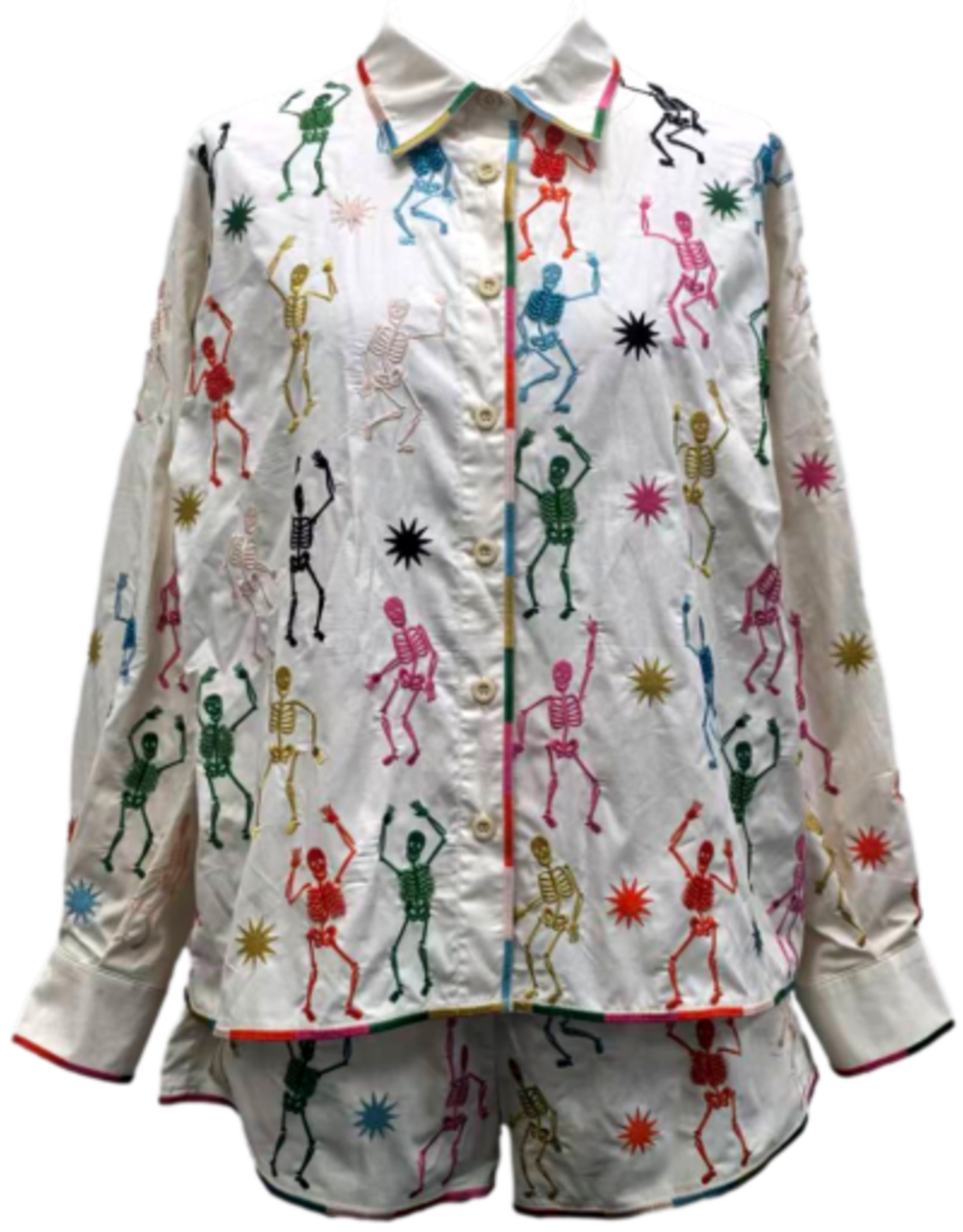 Queen of Sparkles BEIGE MULTI SKELETON BUTTON UP COTTON TOP