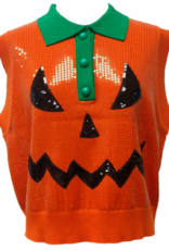 Queen of Sparkles ORANGE FULL SEQUIN PUMKIN FACE COLLAR BUTTON UP VEST