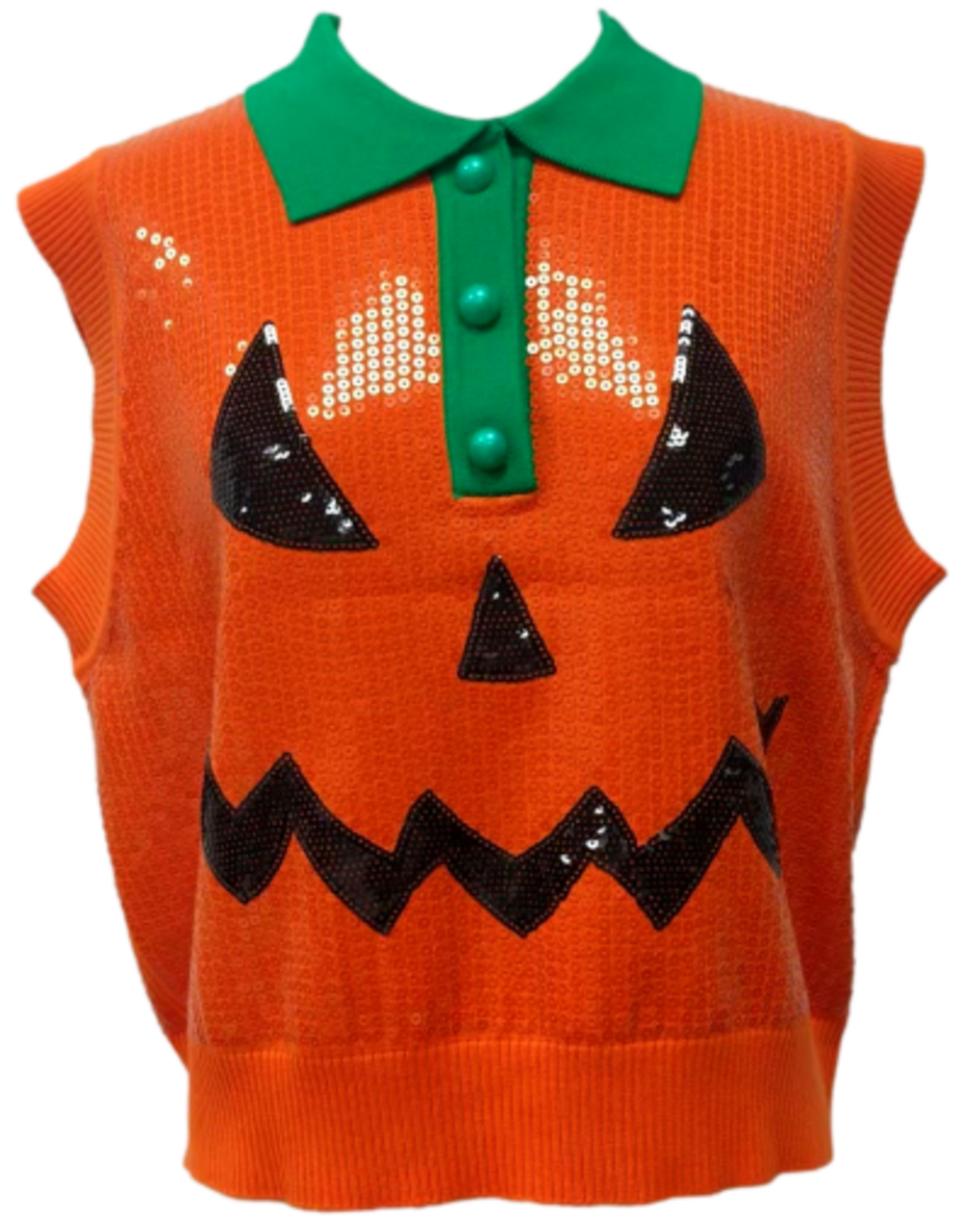 Queen of Sparkles ORANGE FULL SEQUIN PUMKIN FACE COLLAR BUTTON UP VEST
