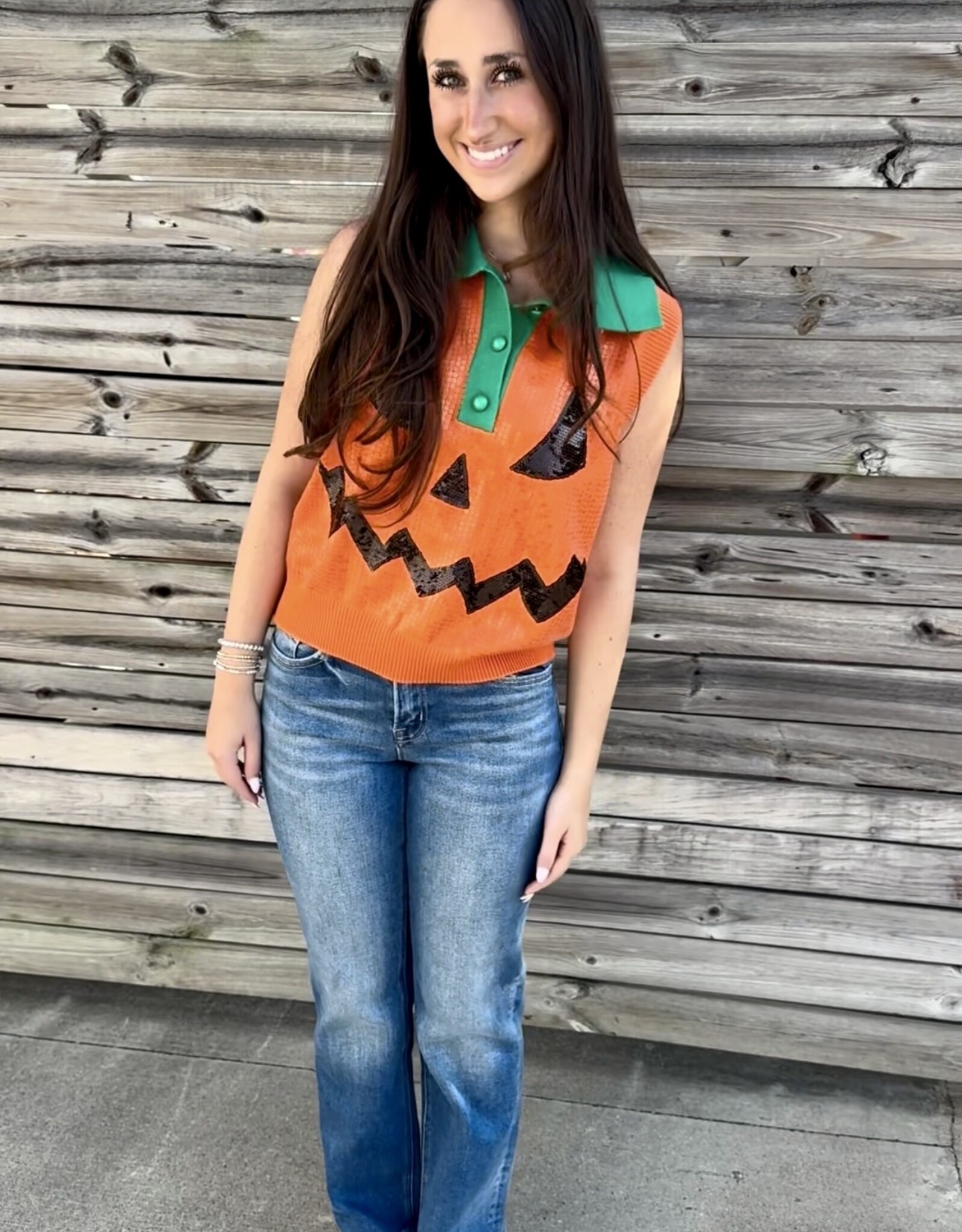 Queen of Sparkles ORANGE FULL SEQUIN PUMKIN FACE COLLAR BUTTON UP VEST