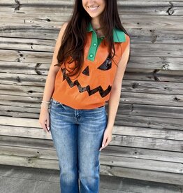 Queen of Sparkles ORANGE FULL SEQUIN PUMKIN FACE COLLAR BUTTON UP VEST