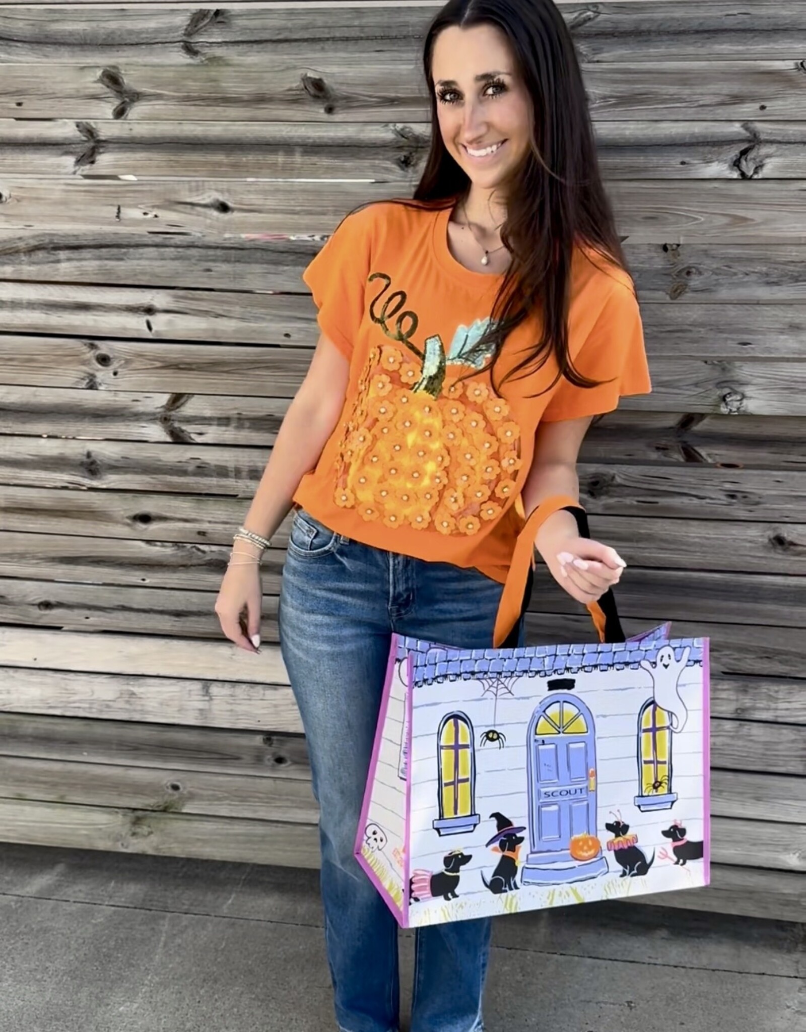 Queen of Sparkles ORANGE SEQUIN FLOWER PUMPKIN TEE