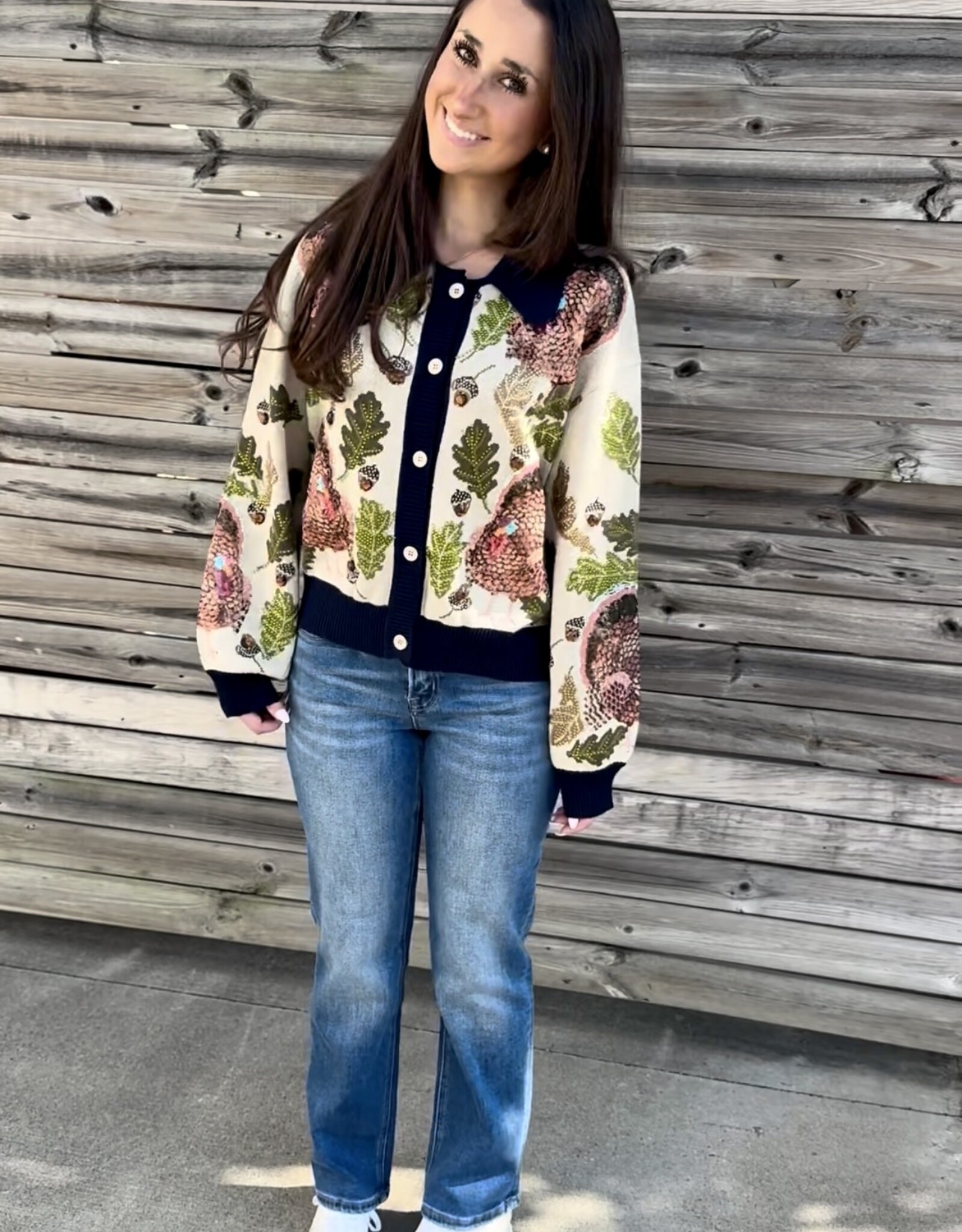 Queen of Sparkles NAVY TRIM BUTTON UP TURKEY, LEAF & ACORN BUTTON UP CARDIGAN