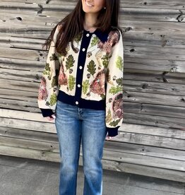 Queen of Sparkles NAVY TRIM BUTTON UP TURKEY, LEAF & ACORN BUTTON UP CARDIGAN