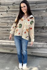 Queen of Sparkles BEIGE STRIPED THANKSGIVING ICON BUTTON UP COTTON TOP