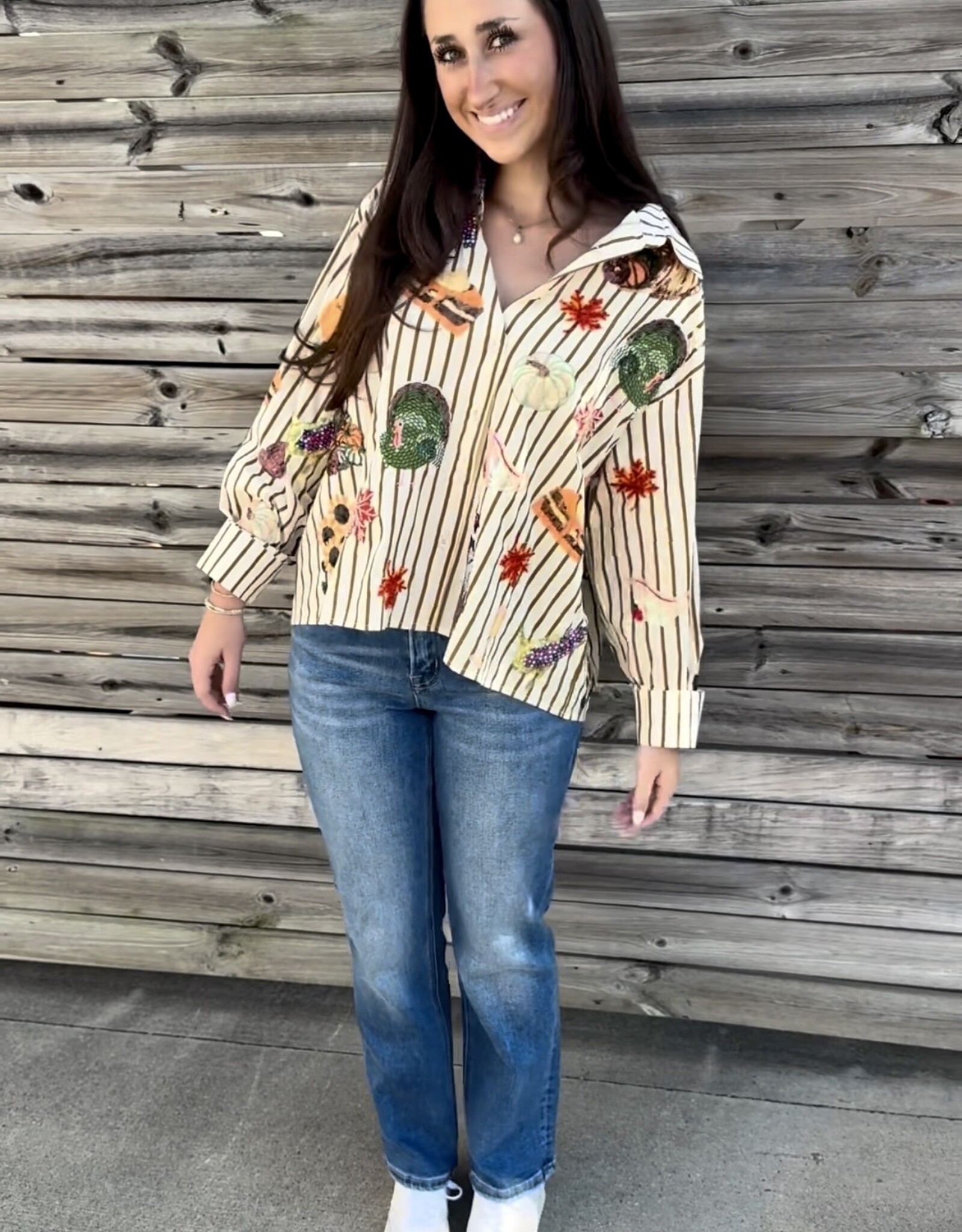 Queen of Sparkles BEIGE STRIPED THANKSGIVING ICON BUTTON UP COTTON TOP